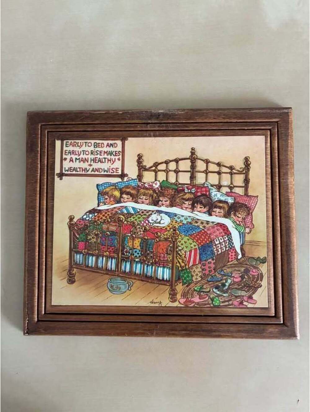 Vintage 1970s Wood Plaque Children in Bed Early to Bed Print Wall Art